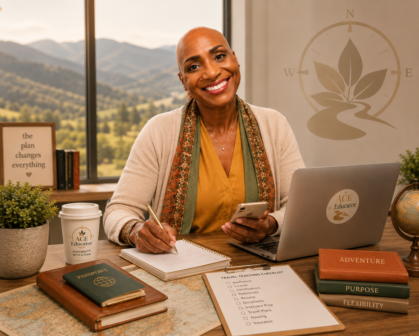 Cozy workspace with travel inspiration