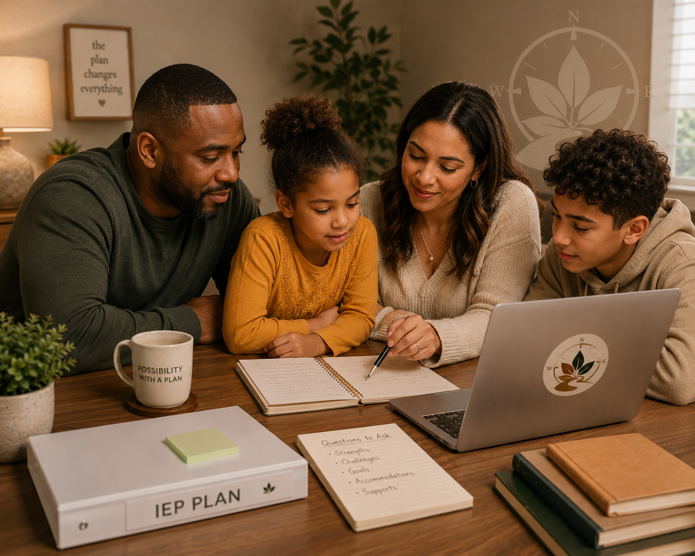 Family collaborating during an educational planning meeting